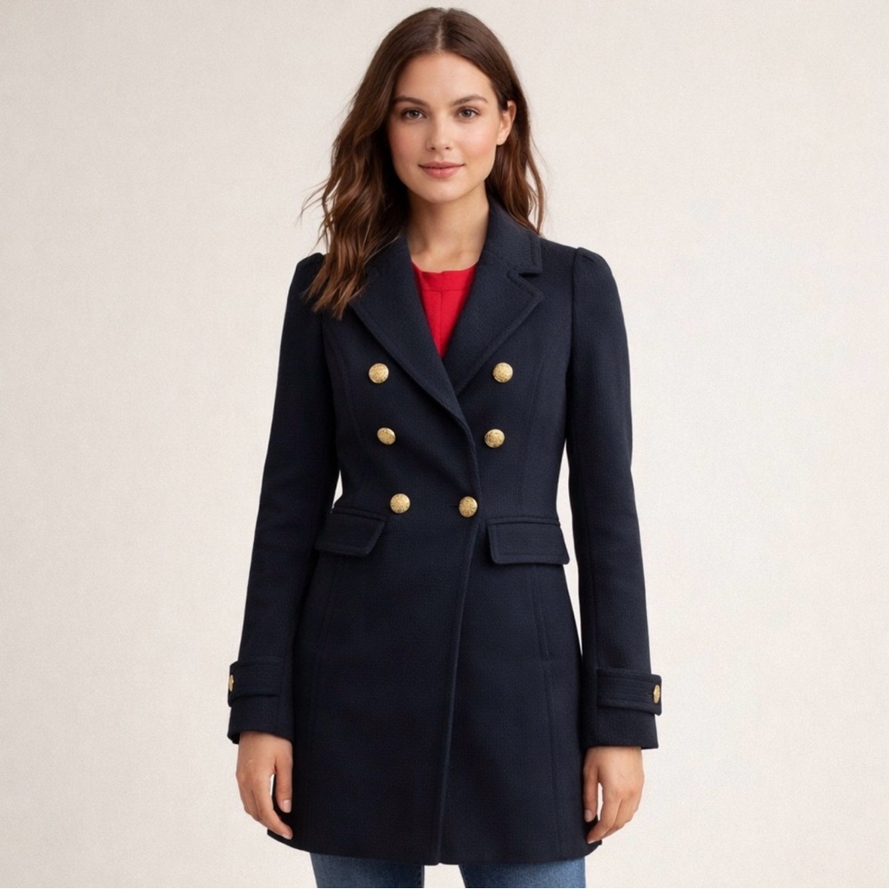 Banana Republic Navy Military Coat XS Double Breasted Gold Crest Buttons NWT